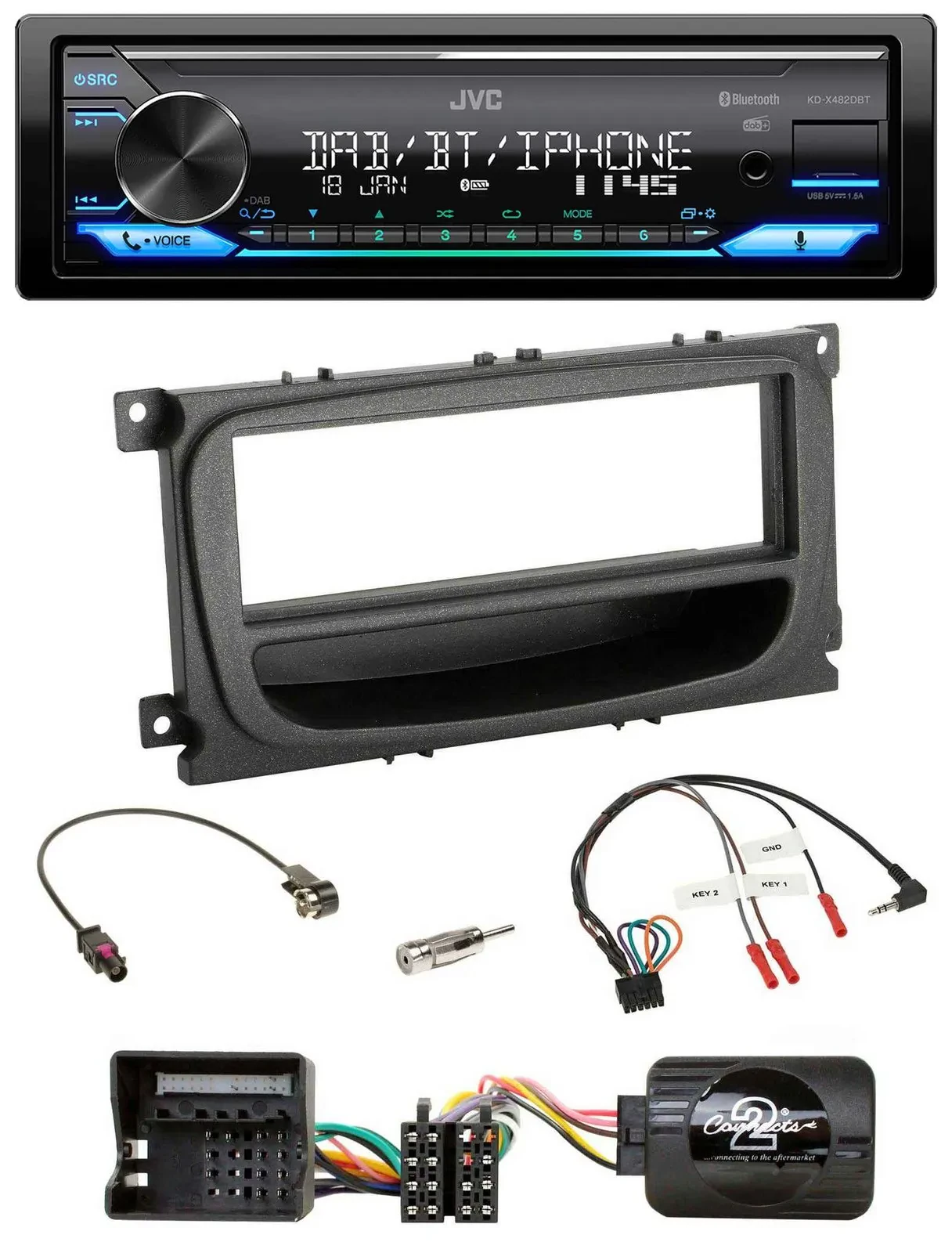 JVC Bluetooth DAB USB Lenkrad Autoradio für Ford Mondeo S-Max 07-14 schwarz Abla
