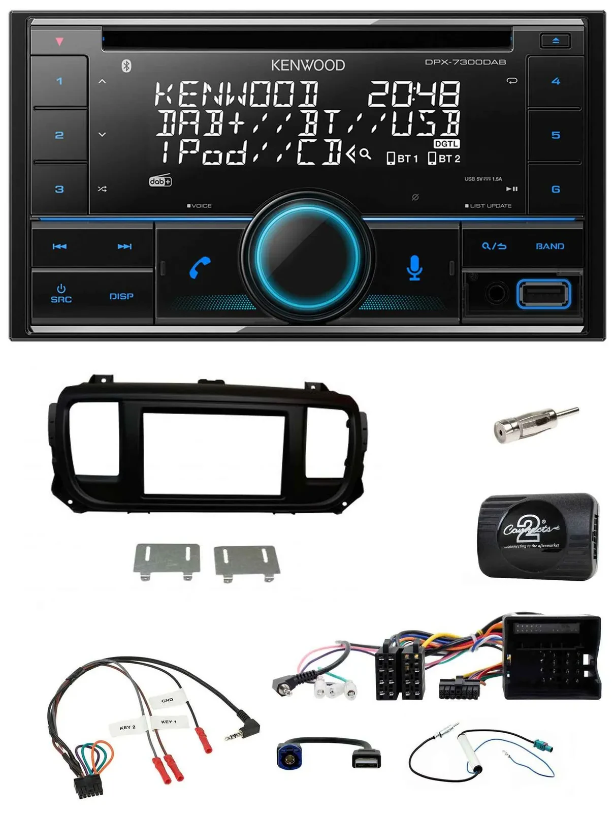 Автомагнитола Kenwood 2-DIN, CD, DAB, USB, Bluetooth, управление с руля, для Citroen Jumpy