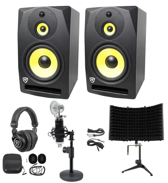 (2) Rockville DPM10B 10" 800w Active Studio Monitors+Headphones+Mic+Foam+Stand