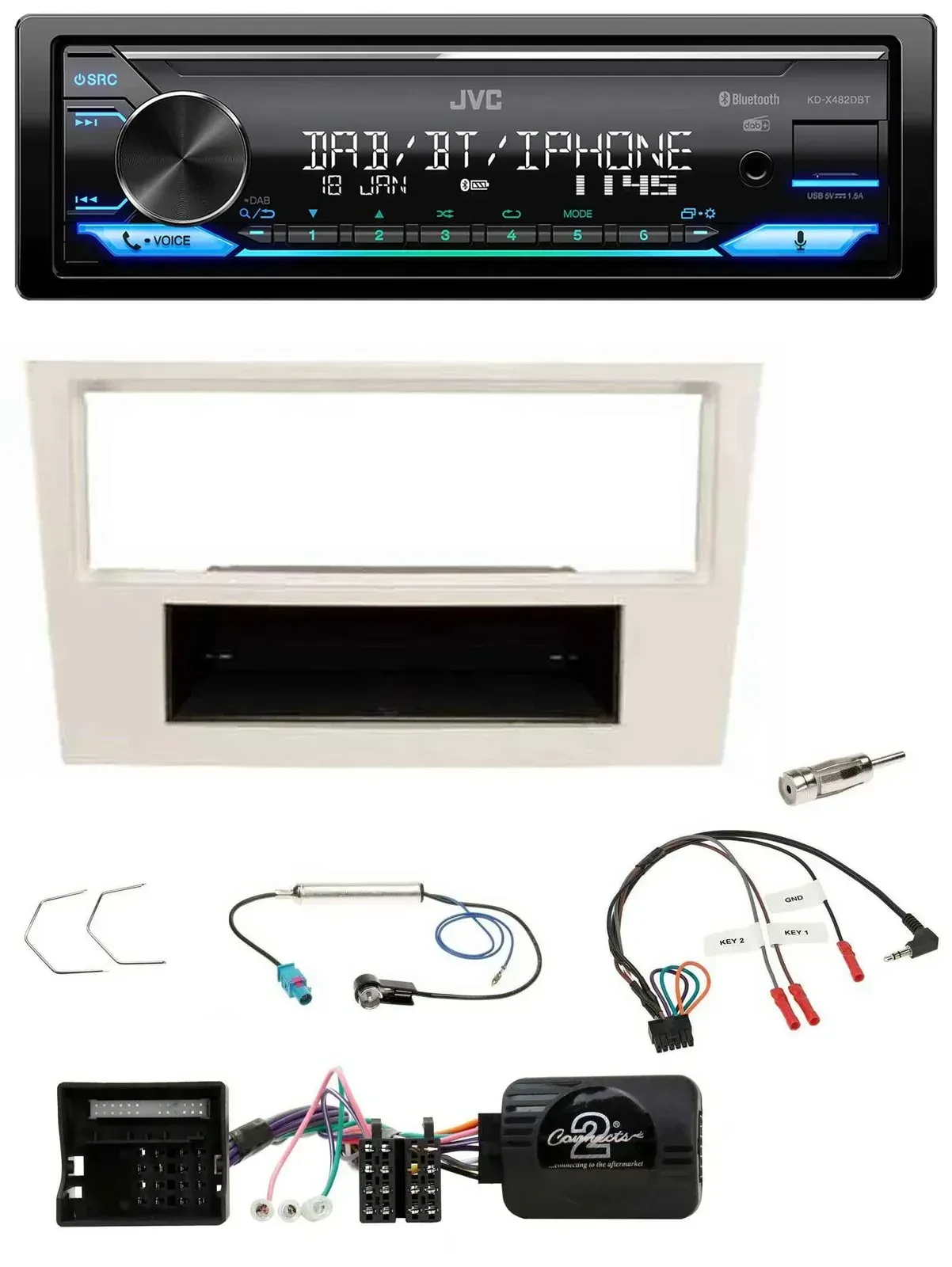 Автомагнитола JVC Bluetooth, DAB, USB для Opel Corsa D (2006–2008), перламутрово-белая