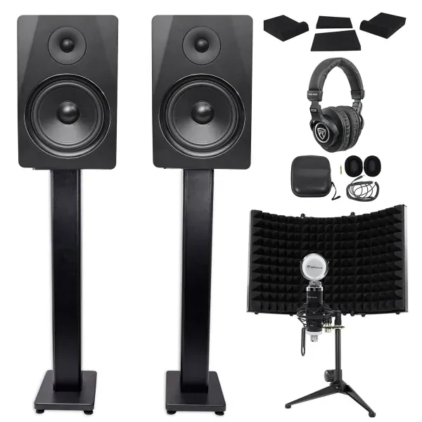 2) Rockville DPM8B 8" 600w Active Studio Monitors+Stands+Headphones+Mic+Shield