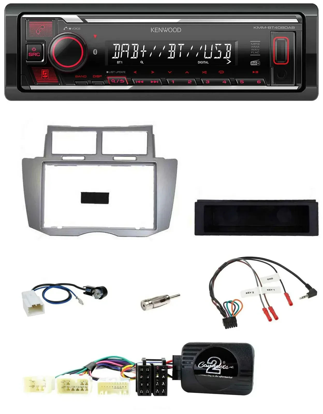 Автомагнитола для Toyota Yaris 2007–2011 Kenwood Bluetooth USB DAB серебристая с поддержкой кнопок на руле