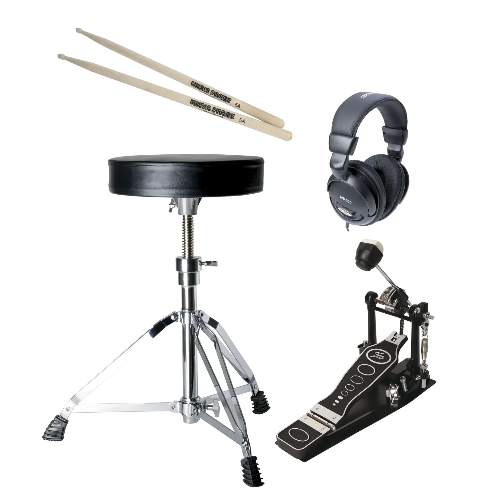 E-Drum Zubehör Set: Drumhocker, Kopfhörer, Sticks, Fußmaschine, Doppelstrebig