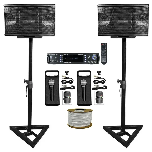 (2) Rockville KPS80 8" Karaoke Speakers+Bluetooth Amp+Adjustable Stands+(2) Mics