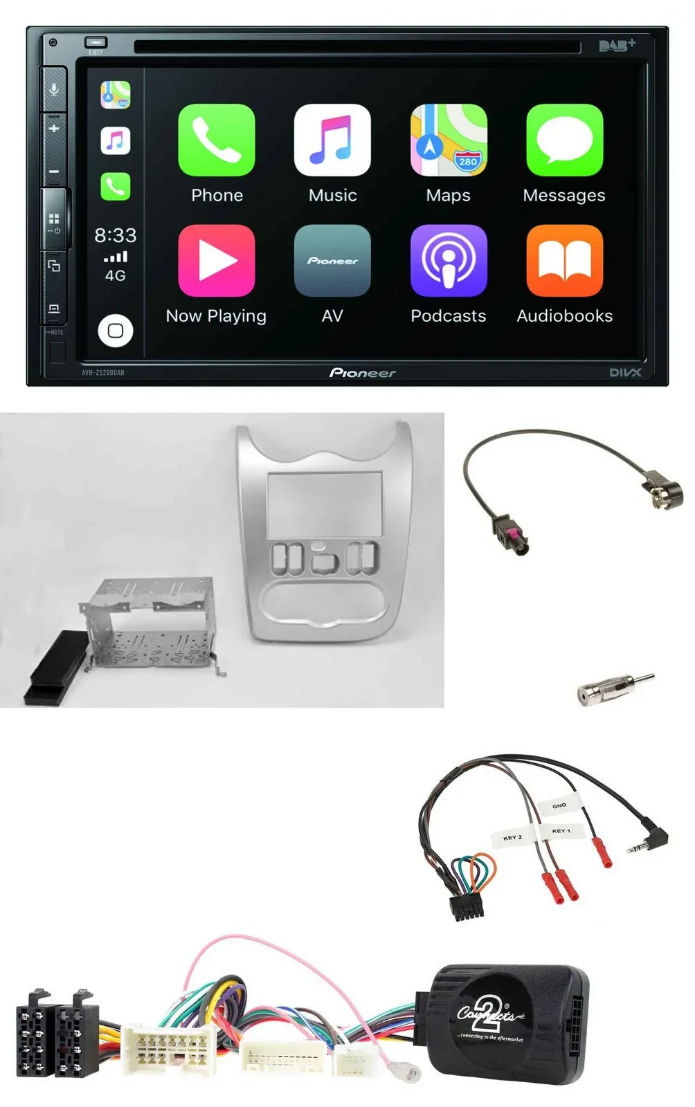 Pioneer DVD 2DIN Lenkrad DAB Bluetooth USB Autoradio für Dacia ab 2012 hellsilbe