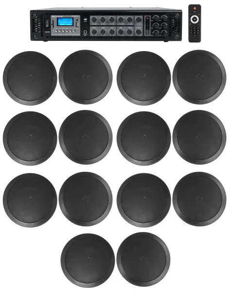 Rockville 6-Zone Amplifier+(14) 6.5" 2-Way Black Ceiling Speakers For Restaurant