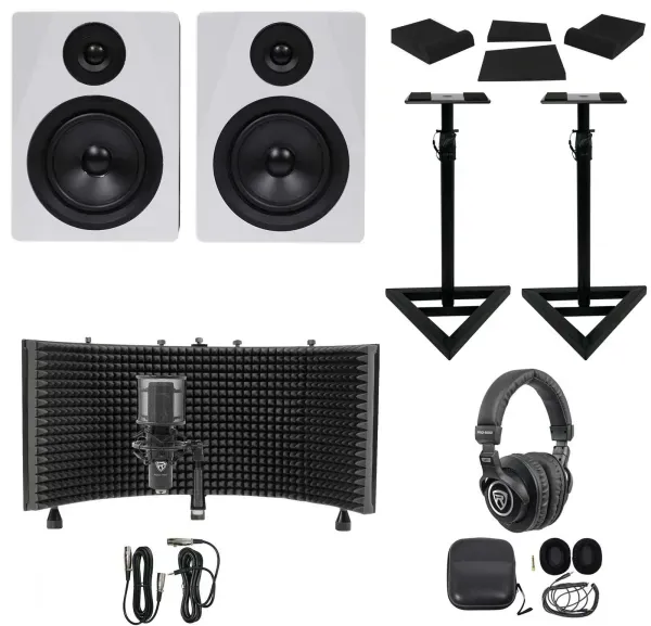 2) Rockville APM5W 5.25" Active Studio Monitors+Stands+Mic+Headphones+Iso Shield