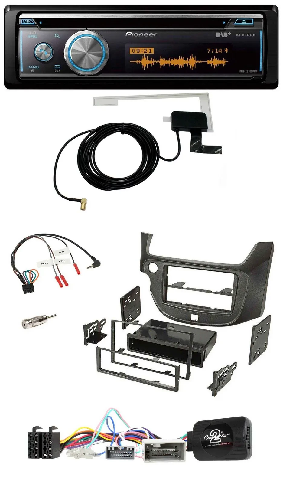 Автомагнитола для Honda Jazz (с 2014) Pioneer Bluetooth, DAB, USB, CD, тёмно-серый, совместимая с кнопками на руле