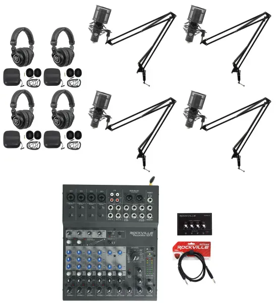 Rockville 4-Person Podcast Podcasting Kit w/ 10-Ch. Mixer+Mics+Headphones+Booms