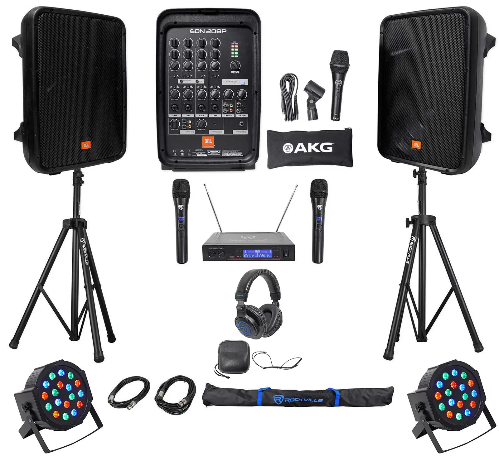 JBL EON208P 8" Bluetooth Speakes+Mixer+Stands+Wireless Mics+Headphones+Lights
