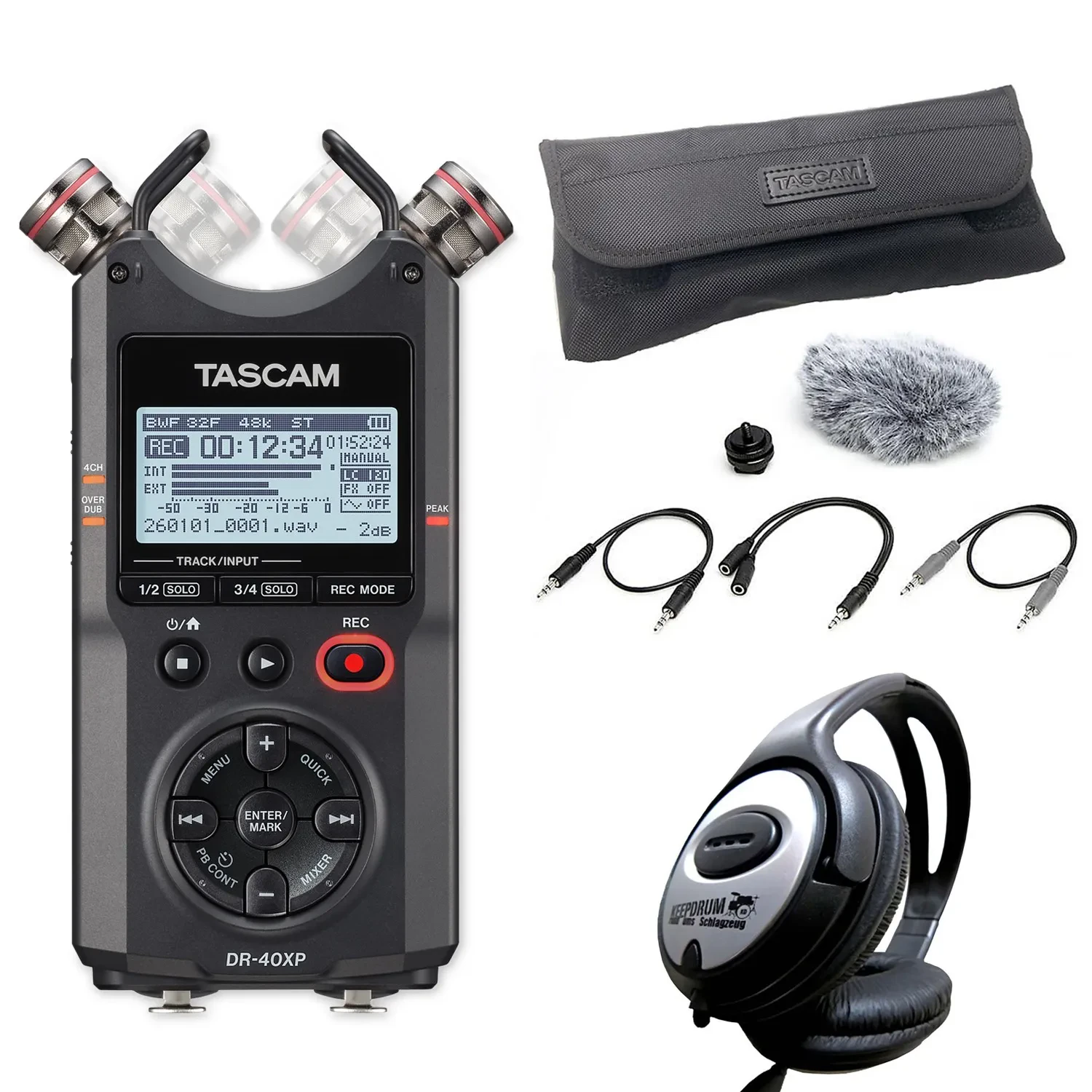 Tascam DR-40XP 4-Kanal Audio-Recorder mit Kamera-Zubehörset und Kopfhörer