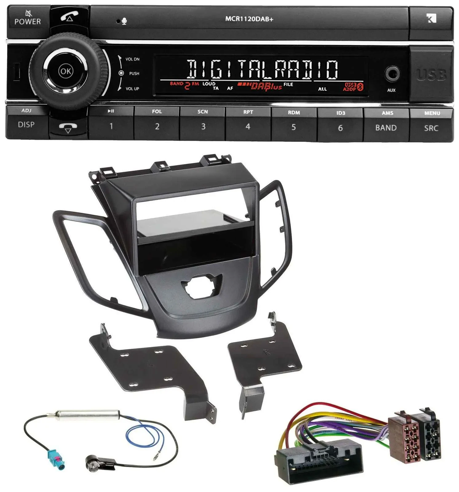 Автомагнитола для Ford Fiesta (2010–2017, JA8) Kienzle Bluetooth, MP3, USB, DAB, без дисплея