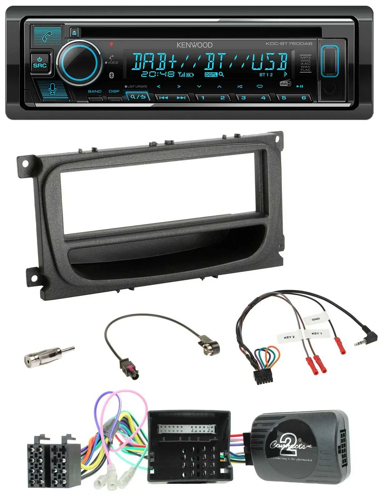 Автомагнитола Kenwood Bluetooth DAB USB CD для Ford Mondeo/S-Max (2007–2014) с поддержкой кнопок на руле