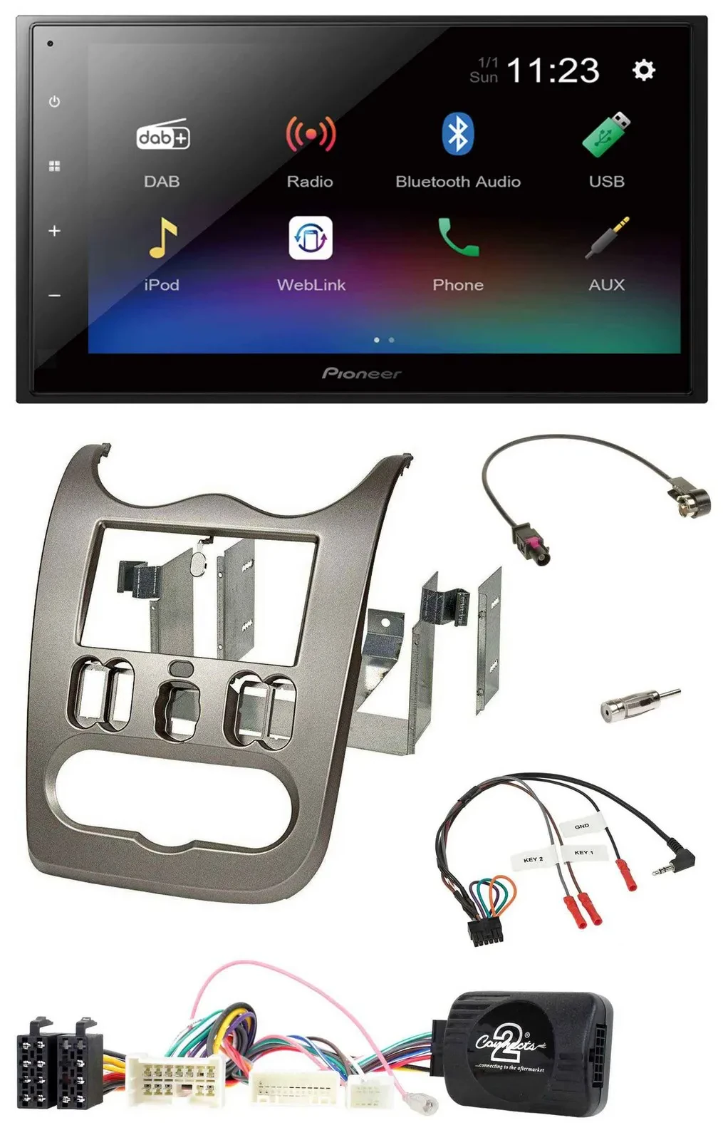 Pioneer USB Bluetooth DAB 2DIN Lenkrad Autoradio für Dacia ab 2012 dunkelsilber