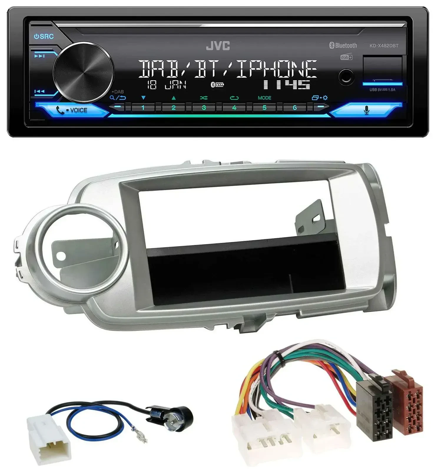 Автомагнитола JVC Bluetooth, DAB, USB, MP3 для Toyota Yaris (2011–2014), серебристая