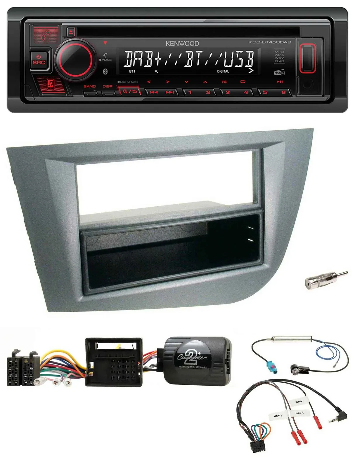Автомагнитола для Seat Leon 2005–2010 Kenwood CD, USB, Bluetooth, DAB, поддержка управления на руле, тёмно-серая