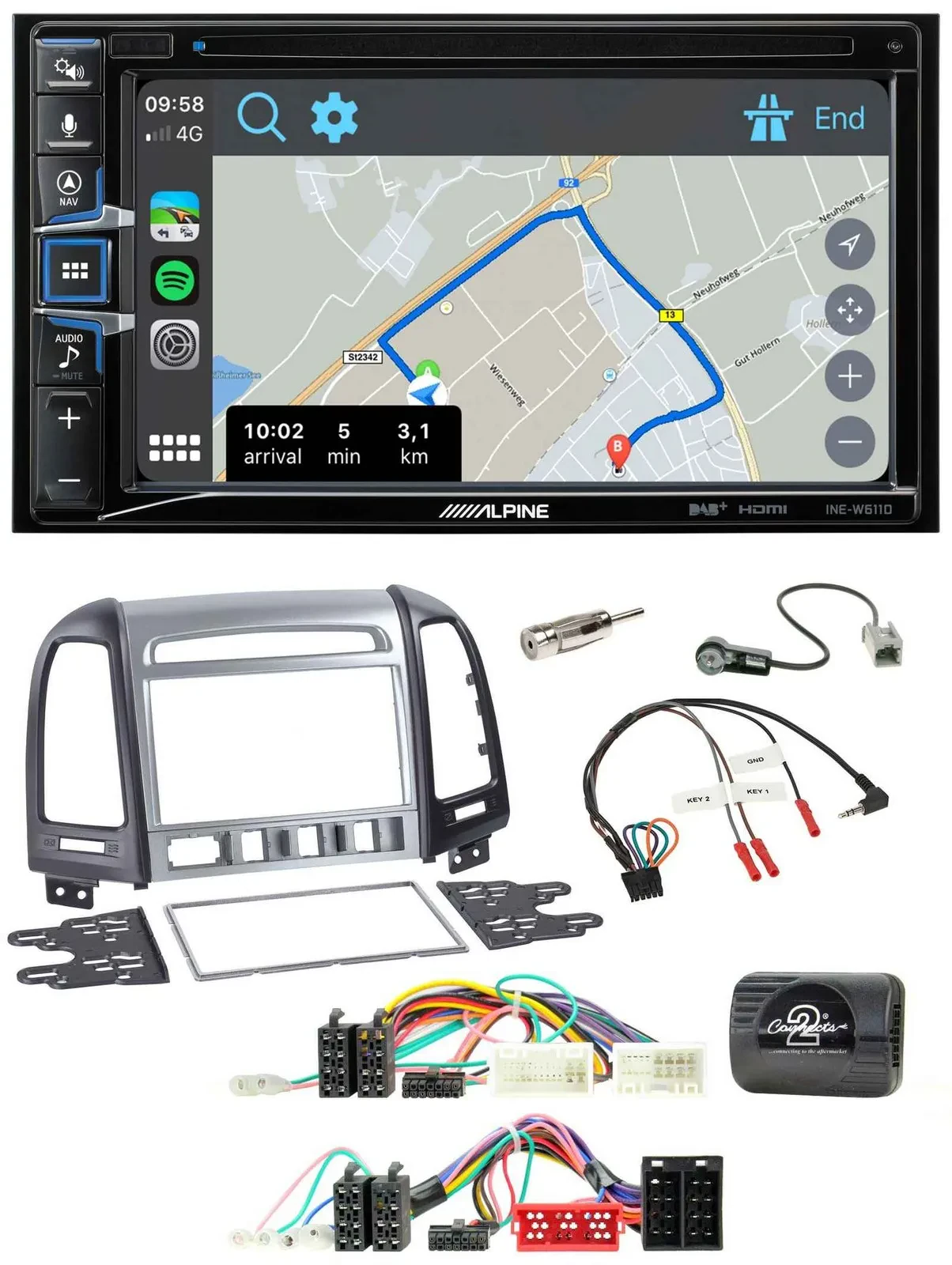 Автомагнитола для Hyundai Santa Fe (2010–2020) Alpine 2DIN, навигация, DAB, TMC, Bluetooth, USB, управление с руля