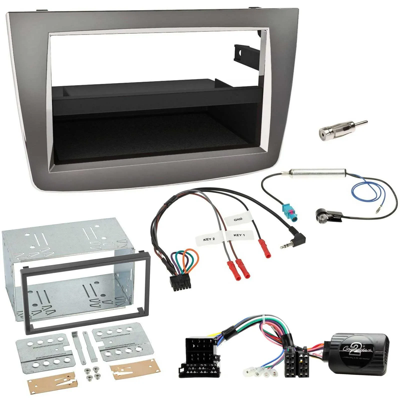 Автомагнитола для Alfa Romeo Mito 2008–2014 Caraudio24 2 DIN, серебристая (набор, с адаптером кнопок на руле)