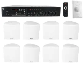 Rockville Commercial Restaurant Amp+(8) White 3.5" Cube Speakers+Wall Controller