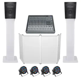 DJ Package w/(2) JBL JRX215 2000w 15" Speakers+Powered Mixer+Totem Stands+Facade