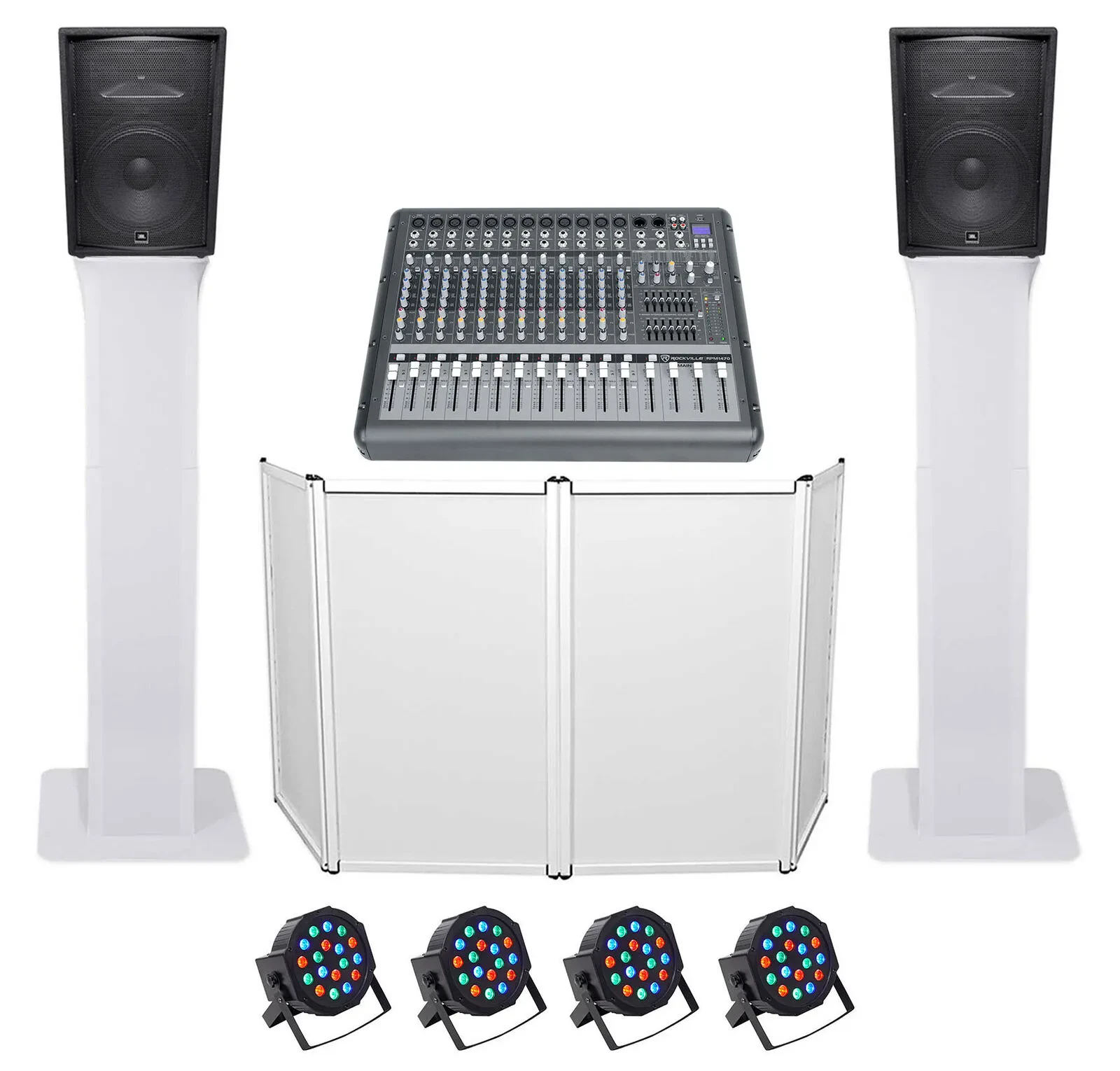 DJ Package w/(2) JBL JRX215 2000w 15" Speakers+Powered Mixer+Totem Stands+Facade