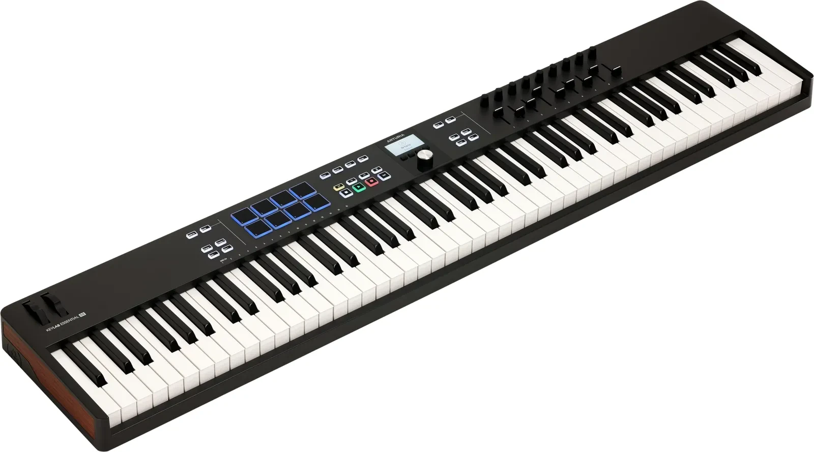 MIDI клавиатура  Arturia [KeyLab Essential 88 mk3 Black] 88 клавиш, LCD дисплей, 9 энкодеров, 8 пэдов, 9 фейдеров, 12 кнопок управления, колеса высоты тона и модуляции, 1/4" Jack вход для педали, MIDI выход, Type-C