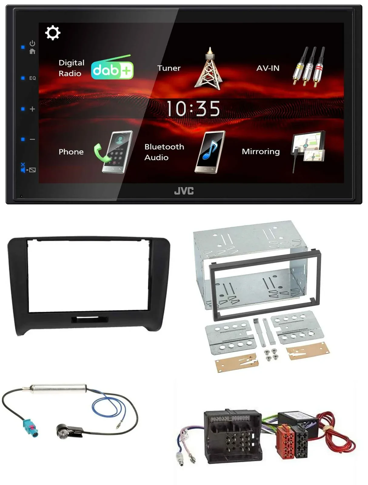 Автомагнитола JVC 2DIN, USB, Bluetooth, MP3, DAB (для Audi TT 2006–2014, Quadlock, активная система)