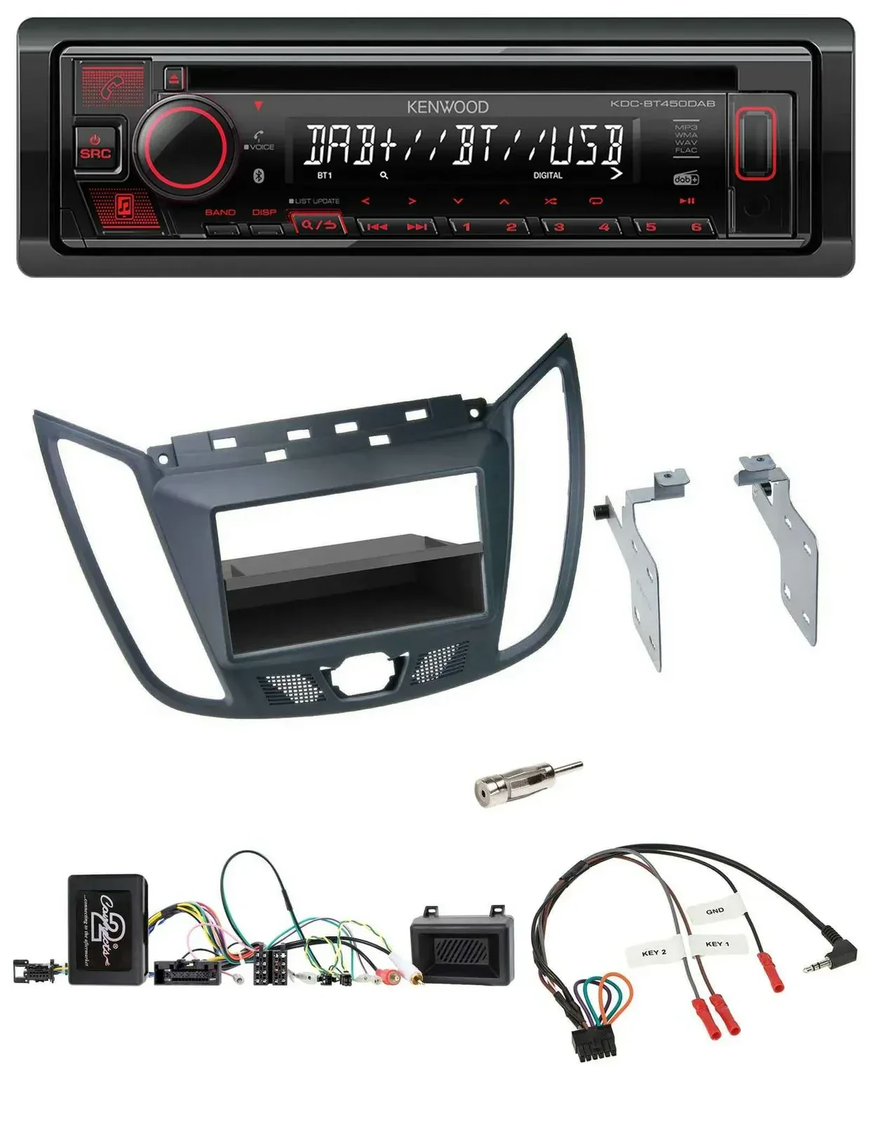 Автомагнитола Kenwood CD, USB, Bluetooth, DAB для Ford C‑Max/Kuga, тёмно‑серый, с поддержкой управления на руле