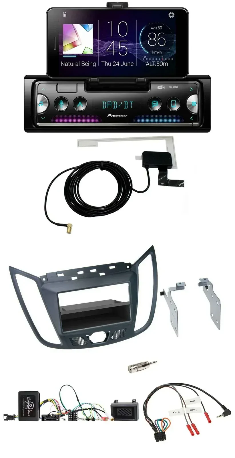 Автомагнитола Pioneer DAB, Bluetooth, USB для Ford C-Max/Kuga, тёмно-серая, совместима с управлением на руле