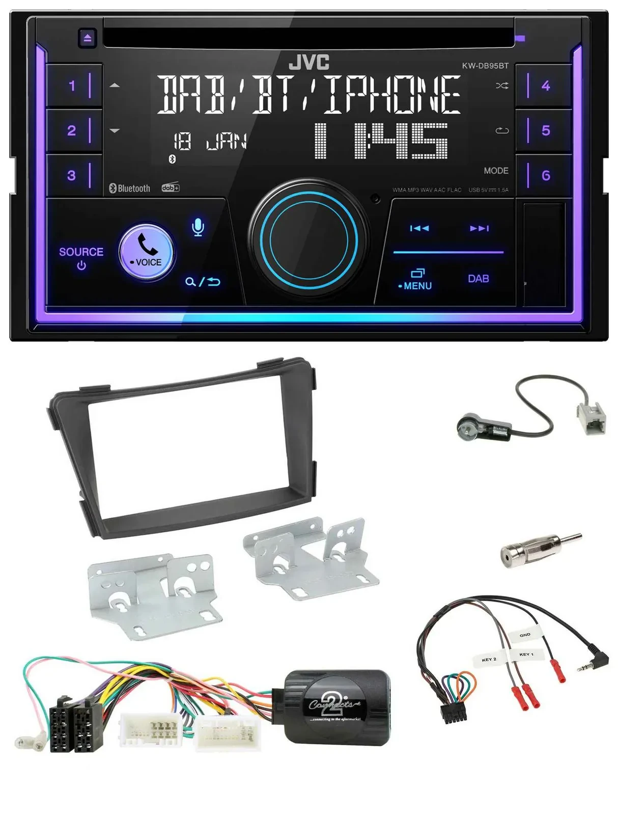 Автомагнитола JVC 2DIN, DAB, Bluetooth, CD, USB, для Hyundai i40 (VF) с 2011 года, поддержка кнопок на руле, чёрная