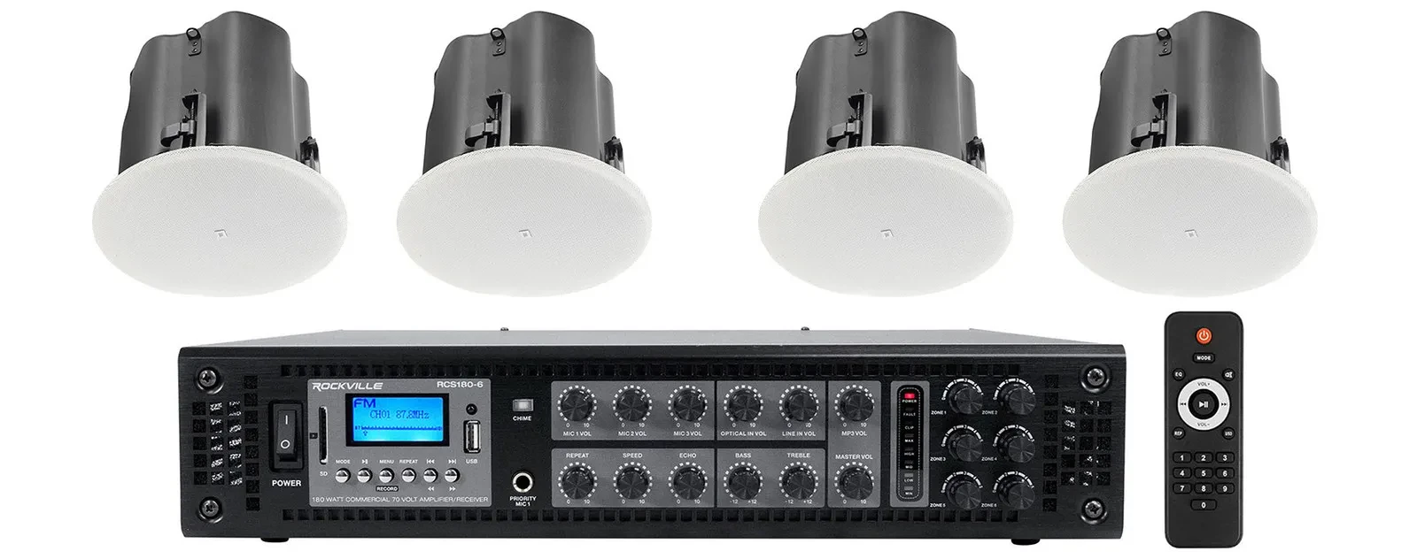 Комплект потолочной акустики для ресторанов/баров JBL Control 414C/T 4" 70V (набор, 4 шт.) + усилитель RCS180-6