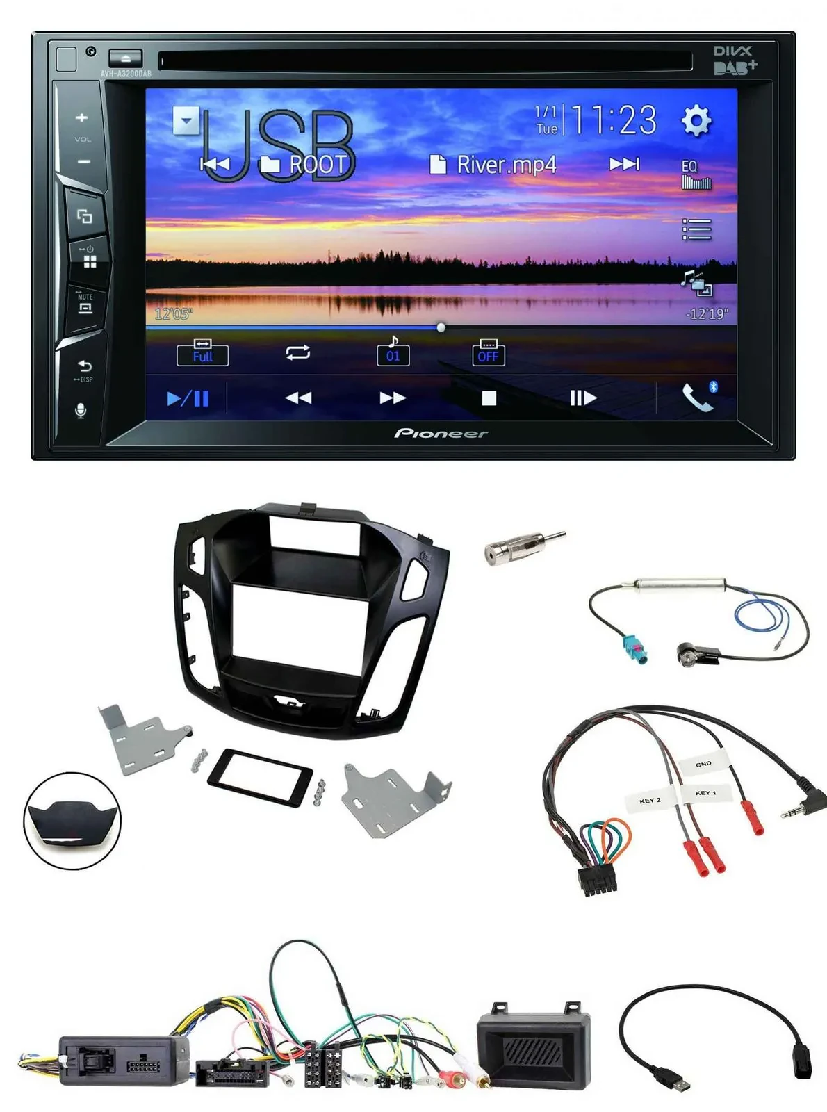 Автомагнитола для Ford Focus 2014–2018 Pioneer 2DIN, Bluetooth, USB, DVD, DAB, поддержка кнопок на руле