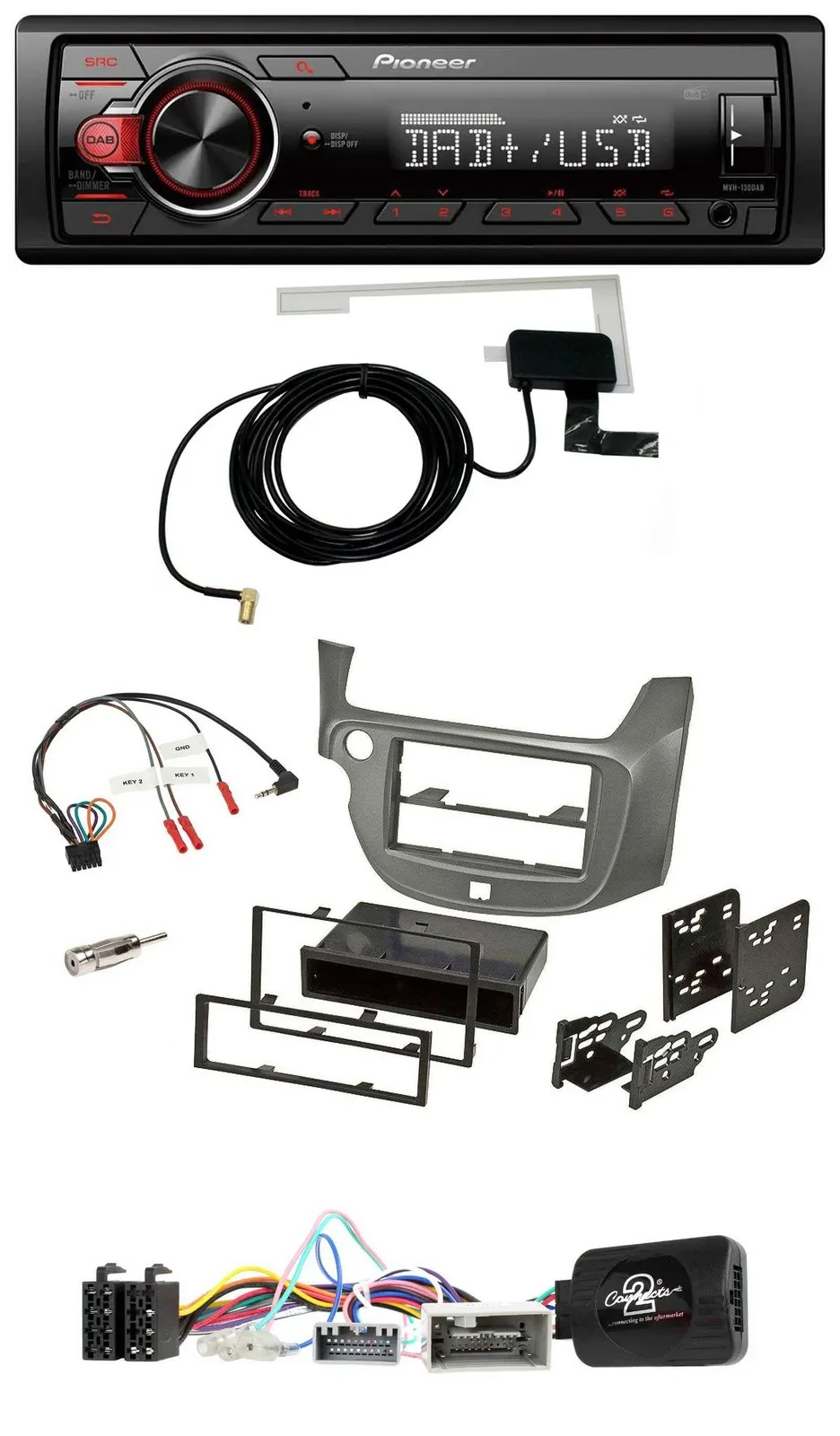 Pioneer 1DIN MP3 DAB USB Lenkrad Autoradio für Honda Jazz ab 2014 silber