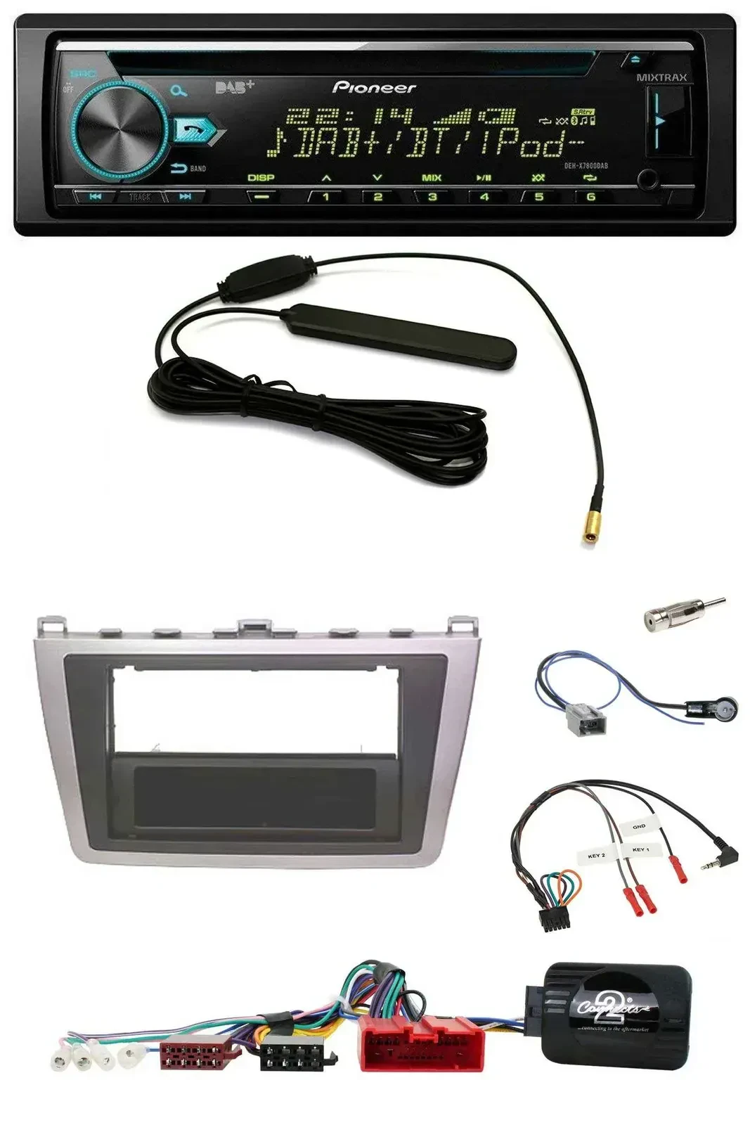 Автомагнитола Pioneer для Mazda 6 (2008–2012) CD/MP3, DAB, USB, совместима с кнопками на руле, серебристо-чёрная