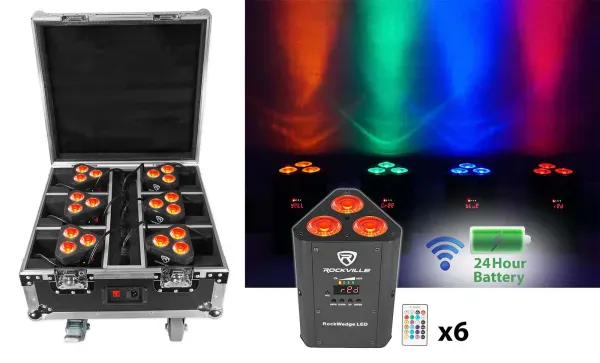 Rockville ROCKWEDGE PACKAGE BLACK (6) Battery Powered Wireless DMX Lights+Case