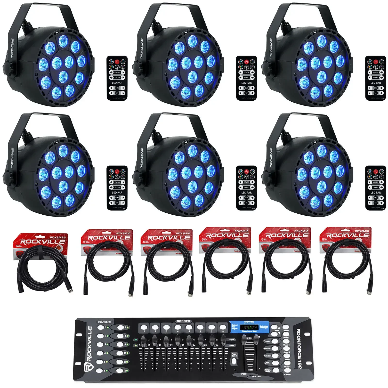 Светодиодный прибор Rockville RockPAR TRI LED RGB Black с DMX-контроллером и аксессуарами (6 штук)