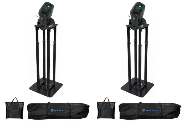 (2) Rockville ROCK SPOT 260W DJ Moving Head Spot Lights+8 ft. Black Totem Stands