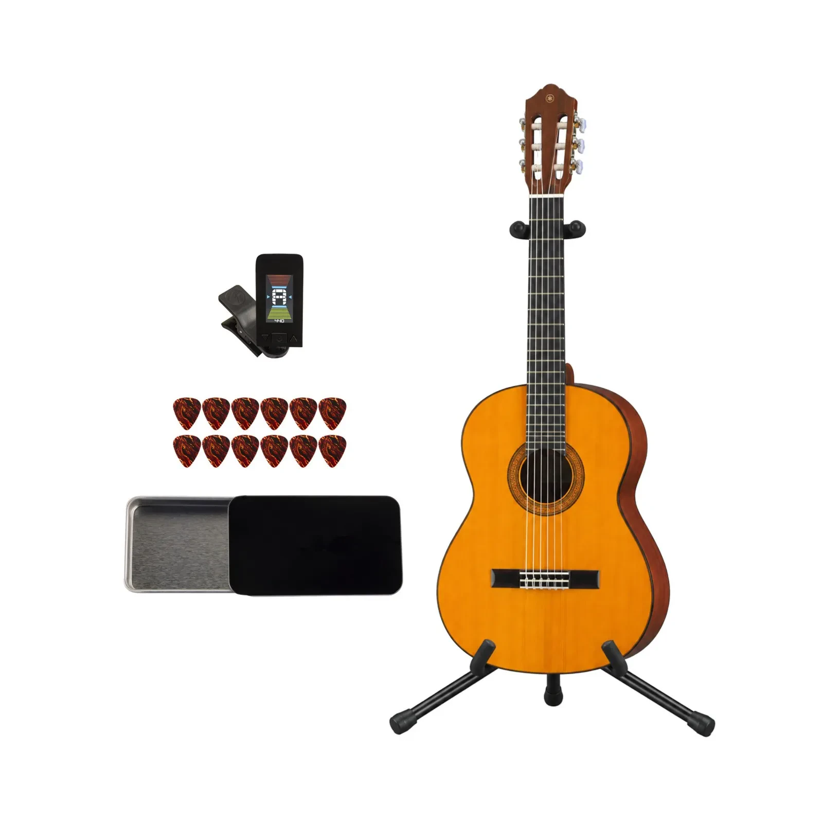 Yamaha CG102 6-String Classical Guitar Bundle with Stand, Tuner and Picks Tin