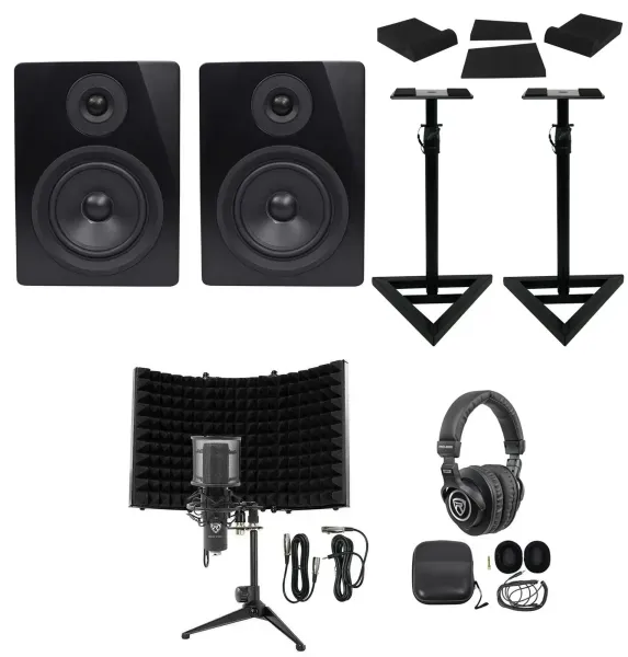 (2) Rockville APM5B 5.25" Powered Studio Monitors+Stands+Mic+Headphones+Shield