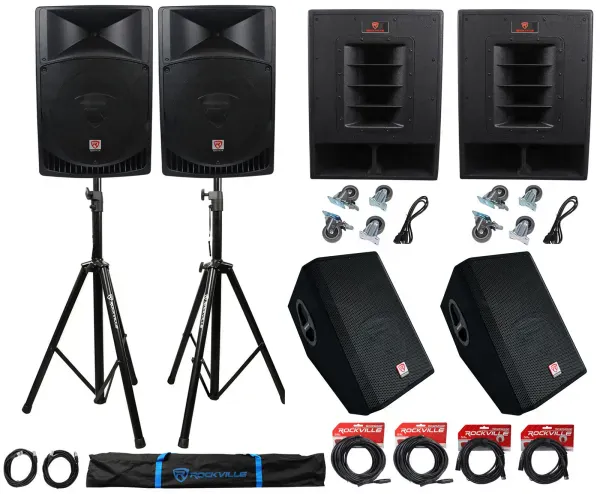 Rockville PA System w/ 15" Speakers+15" Subwoofers+12" Monitors+Stands+Cables