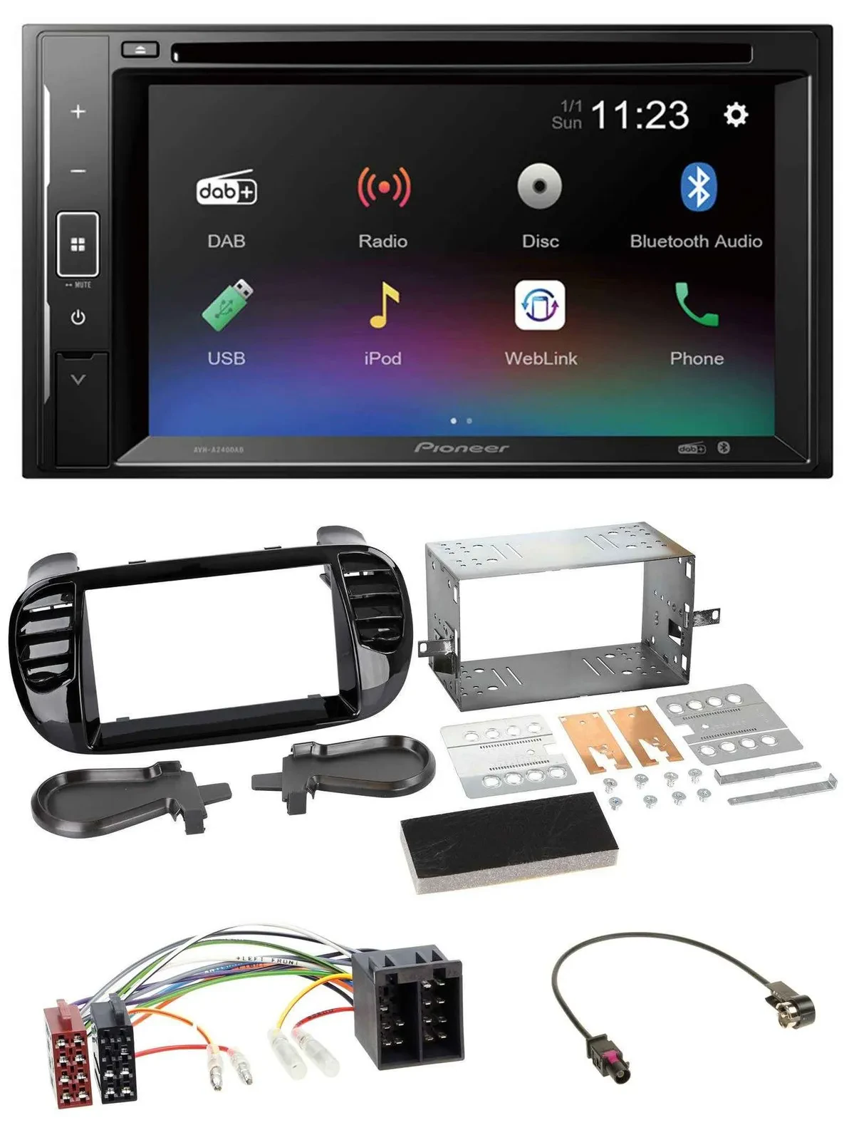 Автомагнитола Pioneer 2DIN, Bluetooth, USB, DAB, DVD, для Fiat 500 (с 2012), ISO, черный