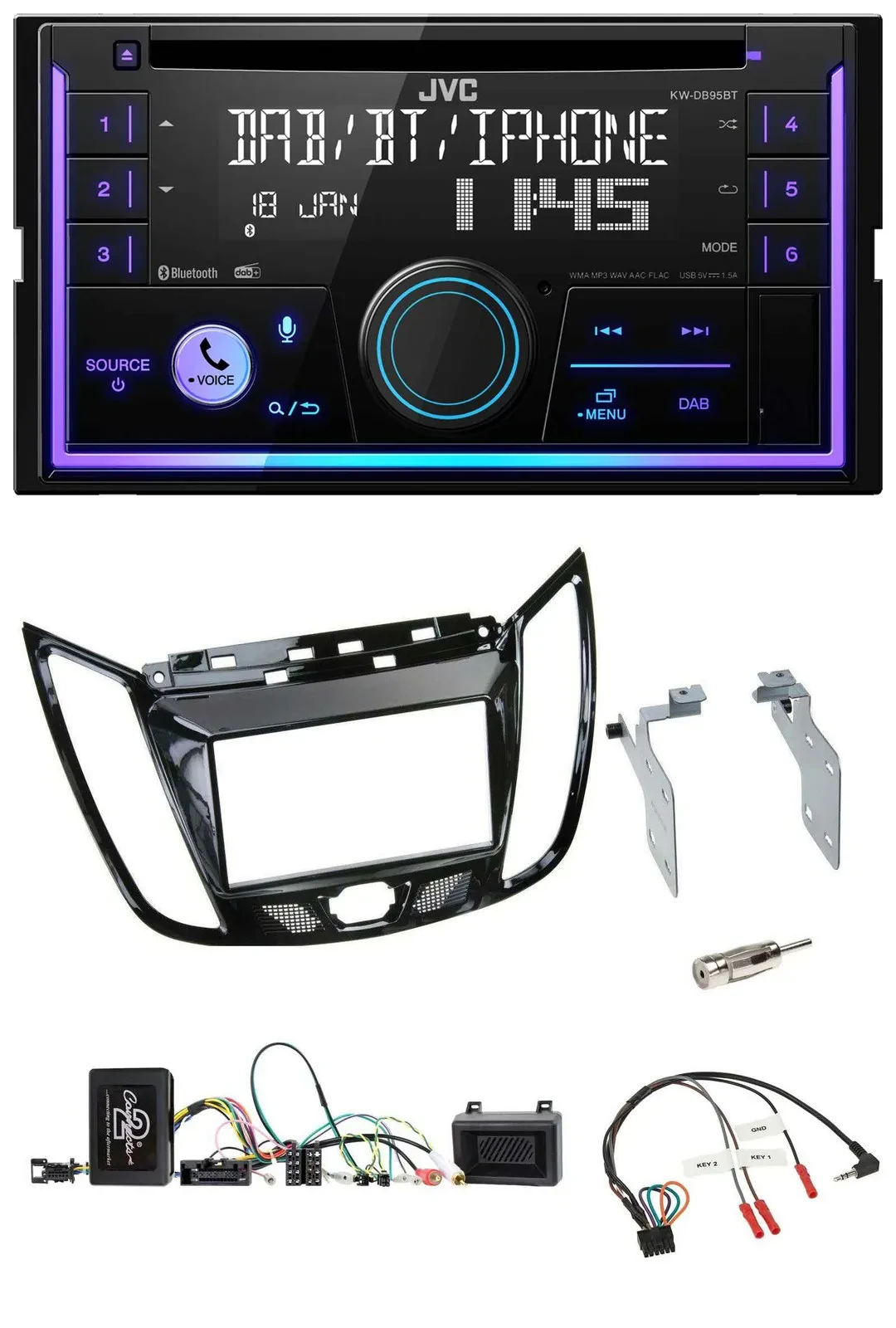 JVC Lenkrad USB 2DIN DAB Bluetooth CD Autoradio für Ford C-Max Kuga Klavierlack