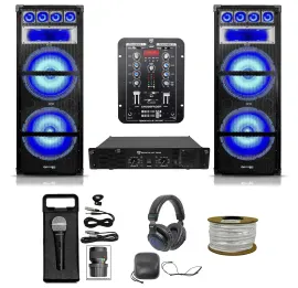 DJ Package w/ (2) Dual 15" 1800 Watt LED Speakers+Amplifier+Mixer+Mic+Headphones