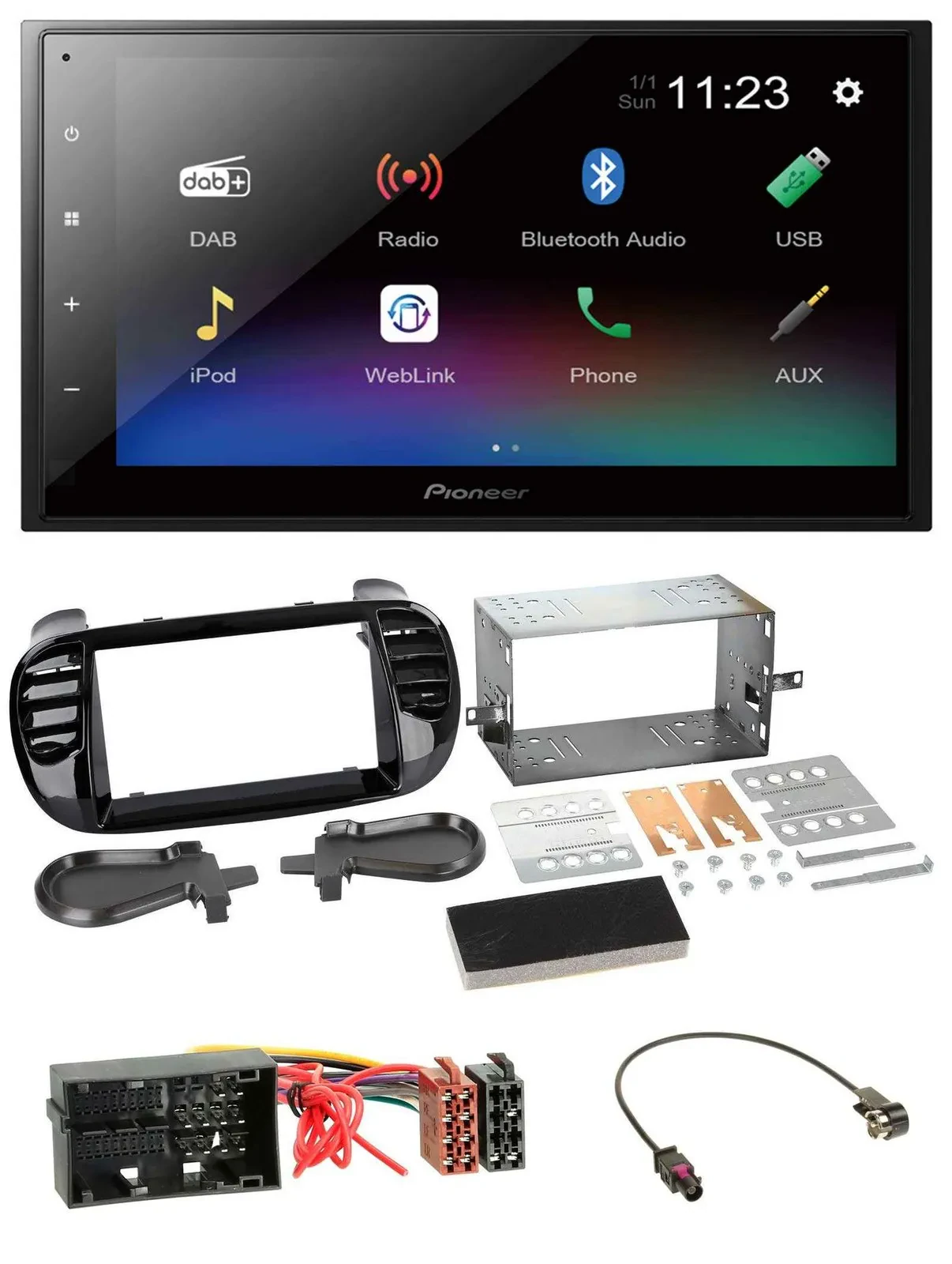 Автомагнитола для Fiat 500 (с 2012) Pioneer 2-DIN, USB, Bluetooth, DAB, MP3, черный