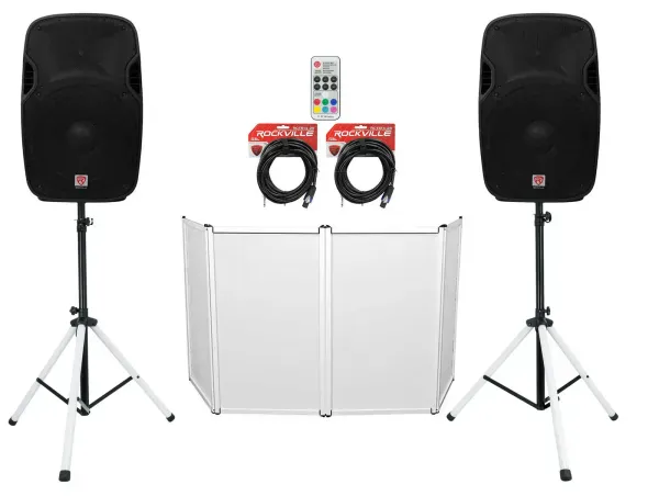 2 Rockville SPGN154 15" 1600w DJ PA Speakers+Stands w/LED's+Remote+Cables+Facade