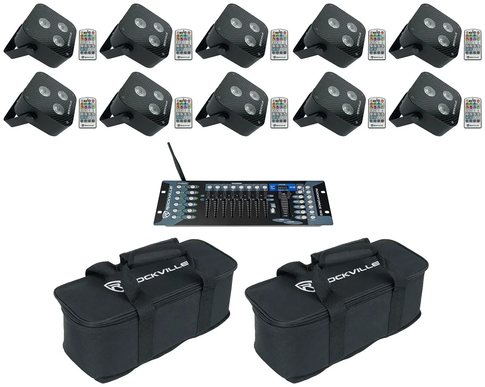 Светодиодный прибор Rockville MINI RF3 Black с чехлом и DMX-контроллером (10 штук)