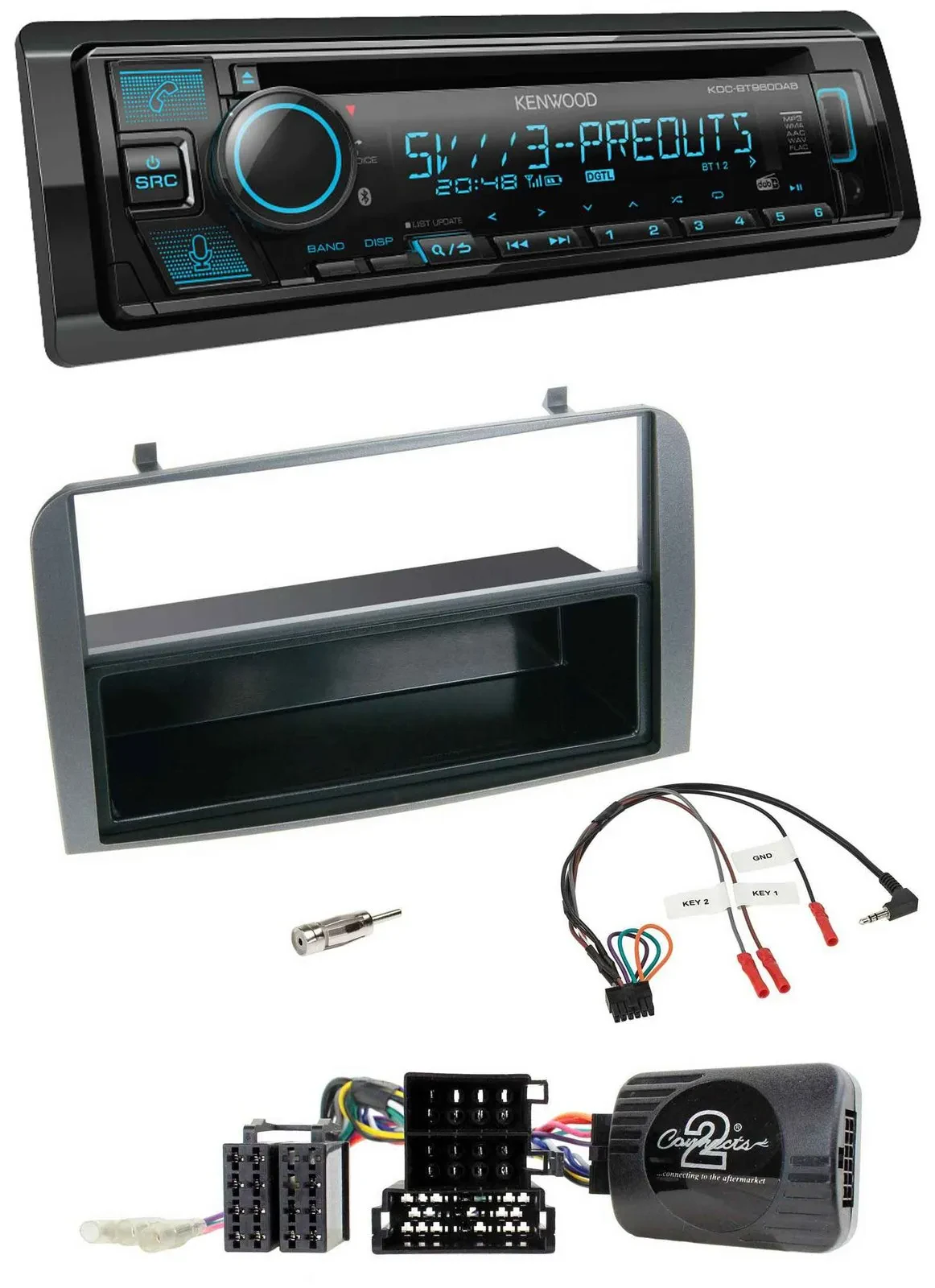 Автомагнитола для Alfa Romeo 147/GT (2007–2010) Kenwood Bluetooth, USB, CD, DAB, поддержка управления на руле, антрацит