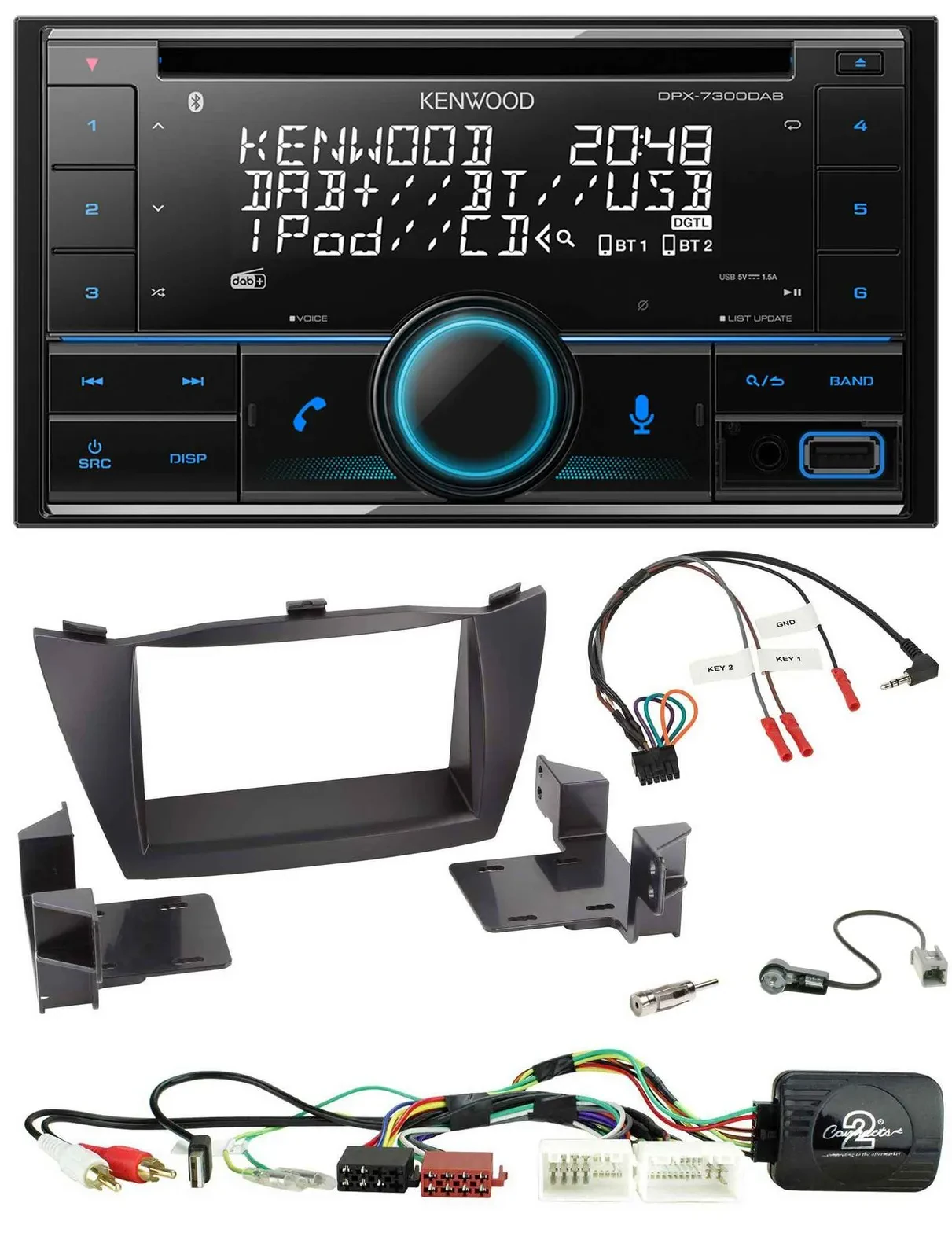 Автомагнитола для Hyundai Tucson 2010–2015 Kenwood CD, 2 DIN, DAB, USB, Bluetooth, поддержка кнопок на руле