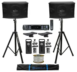 Pair Rockville KPS10 1200w Karaoke Speakers+Bluetooth Amp+Tripod Stands+(2) Mics