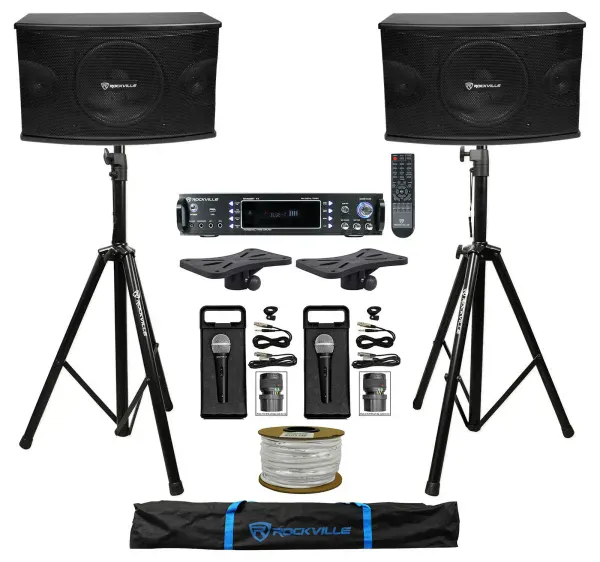 Pair Rockville KPS10 1200w Karaoke Speakers+Bluetooth Amp+Tripod Stands+(2) Mics